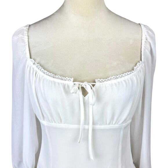 Aritzia Wilfred Duke Blouse White Sheer Long Sleeve Cropped Smocked Peasant Top - Picture 4 of 14